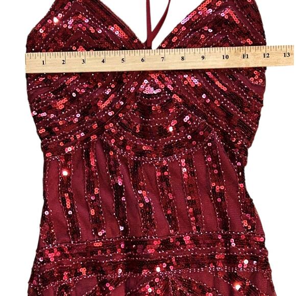 NWT Giffniseti Dark Red Sequin Embellished Lace-Up Back Evening Gown M - Picture 4 of 10